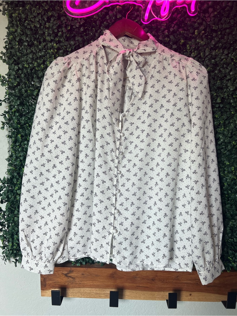 LOFT White Bow-Tie Button Up Blouse with Black Micro Bow Print